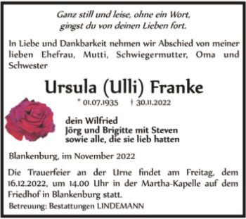 Traueranzeige von Ursula (Ulli) Franke  von Magdeburger Volksstimme
