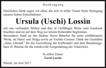 Traueranzeige von Ursula (Uschi) Lossin  von Magdeburger Volksstimme
