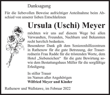 Traueranzeige von Ursula (Uschi) Meyer  von Magdeburger Volksstimme