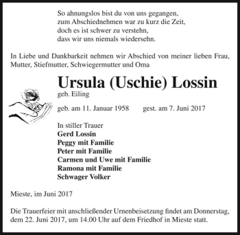 Traueranzeige von Ursula (Uschie) Lossin (geb. Eiling)  von Magdeburger Volksstimme