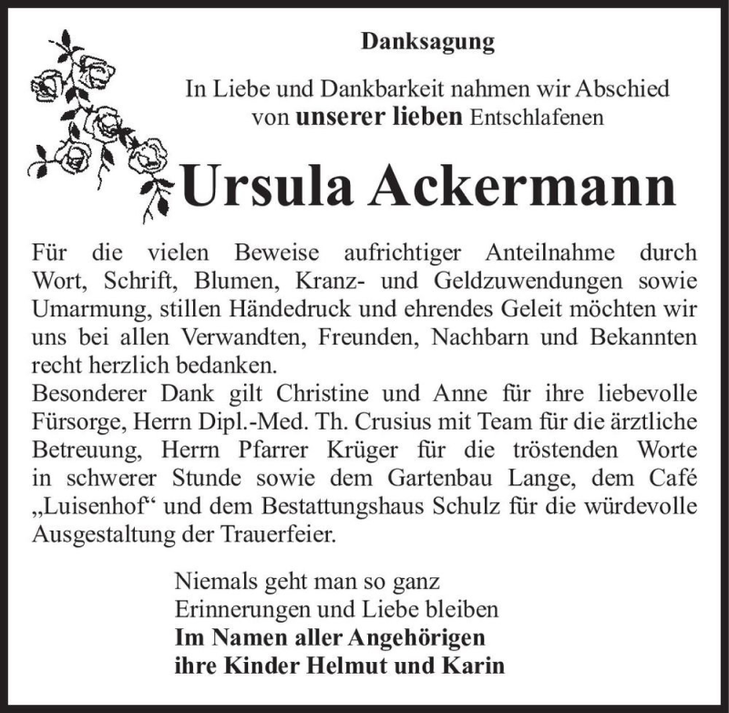  Traueranzeige für Ursula Ackermann  vom 04.11.2016 aus Magdeburger Volksstimme