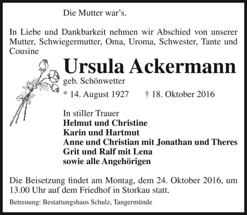  Traueranzeige für Ursula Ackermann (geb. Schönwetter)  vom 21.10.2016 aus Magdeburger Volksstimme