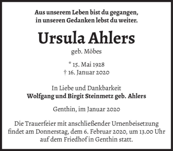 Traueranzeige von Ursula Ahlers (geb. Möbes)  von Magdeburger Volksstimme