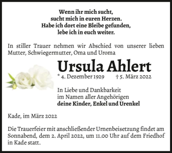 Traueranzeige von Ursula Ahlert  von Magdeburger Volksstimme