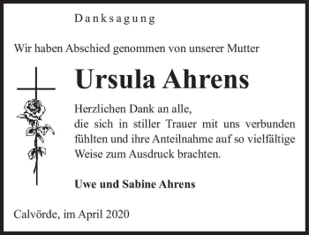 Traueranzeige von Ursula Ahrens  von Magdeburger Volksstimme