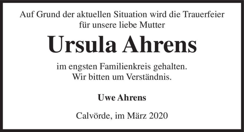  Traueranzeige für Ursula Ahrens  vom 24.03.2020 aus Magdeburger Volksstimme