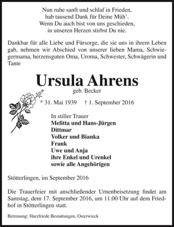 Traueranzeige von Ursula Ahrens (geb. Becker)  von Magdeburger Volksstimme