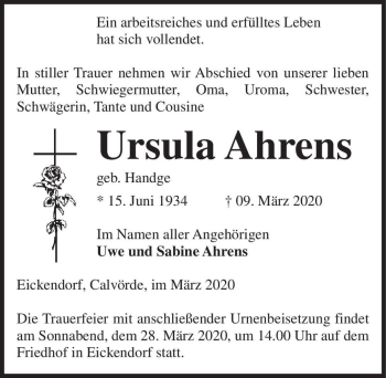 Traueranzeige von Ursula Ahrens (geb. Handge)  von Magdeburger Volksstimme