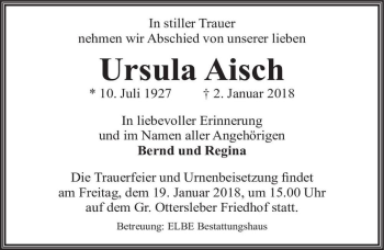 Traueranzeige von Ursula Aisch  von Magdeburger Volksstimme