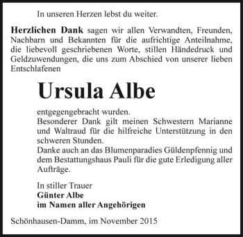 Traueranzeige von Ursula Albe  von Magdeburger Volksstimme