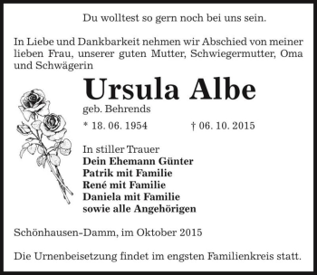 Traueranzeige von Ursula Albe (geb. Behrends)  von Magdeburger Volksstimme