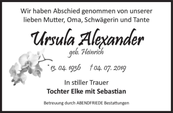 Traueranzeige von Ursula Alexander (geb. Heinrich)  von Magdeburger Volksstimme