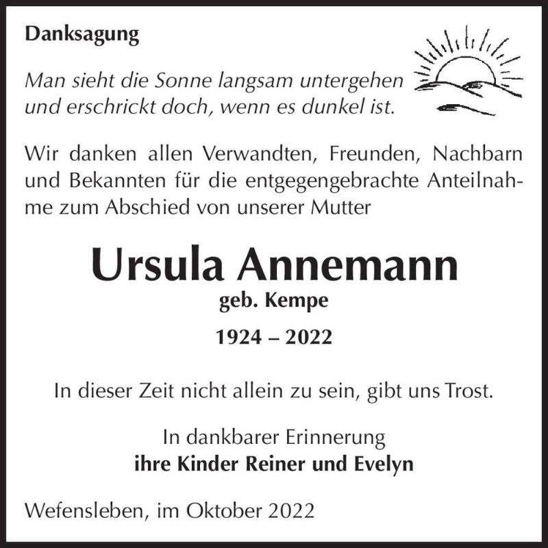  Traueranzeige für Ursula Annemann (geb. Kempe)  vom 15.10.2022 aus Magdeburger Volksstimme