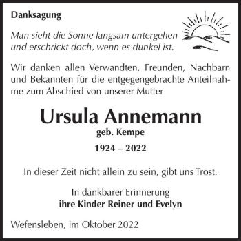 Traueranzeige von Ursula Annemann (geb. Kempe)  von Magdeburger Volksstimme