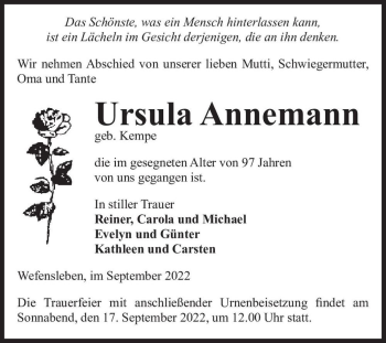 Traueranzeige von Ursula Annemann (geb. Kempe)  von Magdeburger Volksstimme
