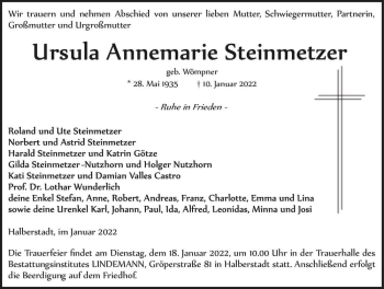 Traueranzeige von Ursula Annemarie Steinmetzer (geb. Wömpner)  von Magdeburger Volksstimme