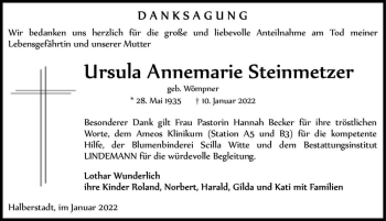 Traueranzeige von Ursula Annemarie Steinmetzer (geb. Wömpner)  von Magdeburger Volksstimme