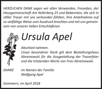 Traueranzeige von Ursula Apel  von Magdeburger Volksstimme
