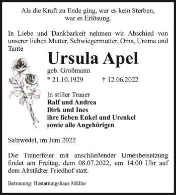 Traueranzeige von Ursula Apel (geb. Großmann)  von Magdeburger Volksstimme