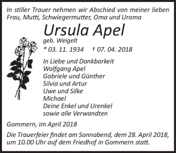 Traueranzeige von Ursula Apel (geb. Weigelt)  von Magdeburger Volksstimme