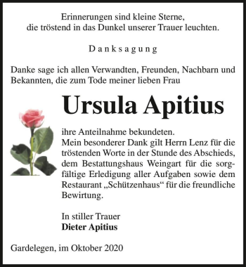 Traueranzeige von Ursula Apitius  von Magdeburger Volksstimme