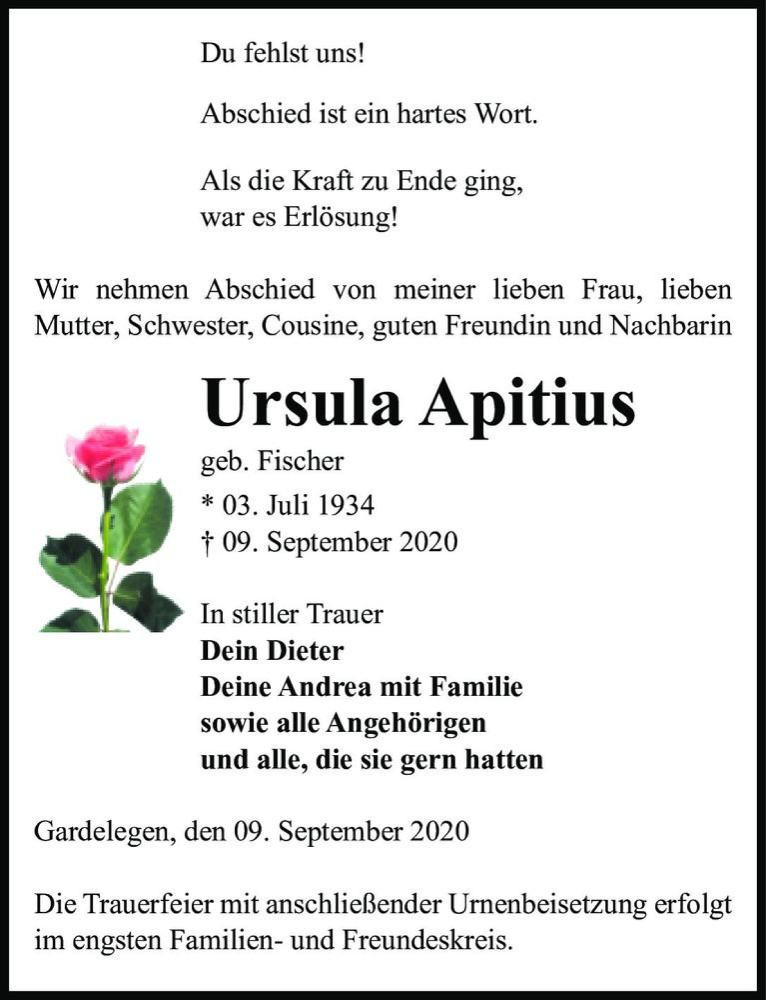  Traueranzeige für Ursula Apitius (geb. Fischer)  vom 12.09.2020 aus Magdeburger Volksstimme