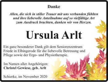 Traueranzeige von Ursula Arlt  von Magdeburger Volksstimme