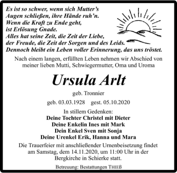 Traueranzeige von Ursula Arlt (geb. Tronnier)  von Magdeburger Volksstimme