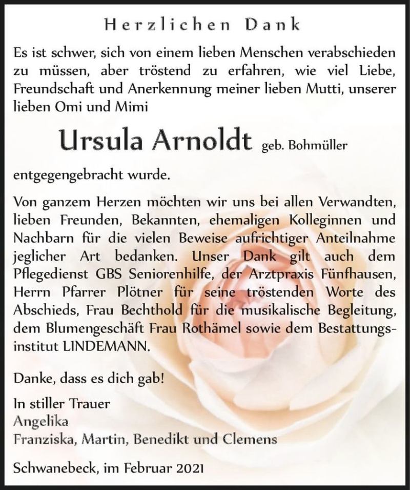  Traueranzeige für Ursula Arnoldt (geb. Bohmüller)  vom 13.02.2021 aus Magdeburger Volksstimme