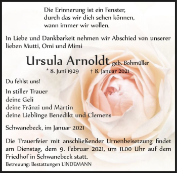 Traueranzeige von Ursula Arnoldt (geb. Bohmüller)  von Magdeburger Volksstimme