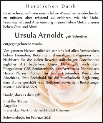 Traueranzeige von Ursula Arnoldt (geb. Bohmüller)  von Magdeburger Volksstimme