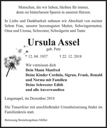 Traueranzeige von Ursula Assel (geb. Petz)  von Magdeburger Volksstimme