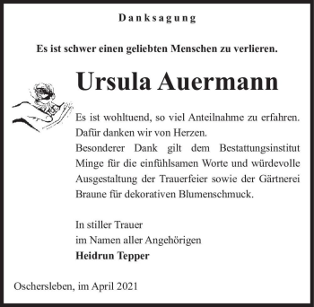 Traueranzeige von Ursula Auermann  von Magdeburger Volksstimme