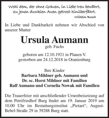 Traueranzeige von Ursula Aumann (geb. Fuchs)  von Magdeburger Volksstimme