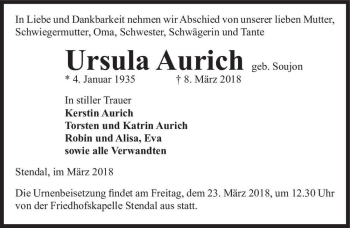 Traueranzeige von Ursula Aurich (geb. Soujon)  von Magdeburger Volksstimme