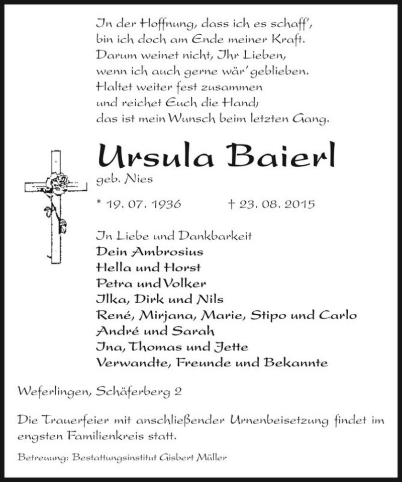  Traueranzeige für Ursula Baierl (geb. Nies)  vom 29.08.2015 aus Magdeburger Volksstimme