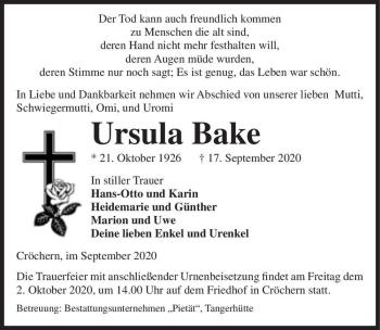 Traueranzeige von Ursula Bake  von Magdeburger Volksstimme