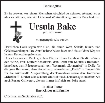 Traueranzeige von Ursula Bake (geb. Schumann)  von Magdeburger Volksstimme