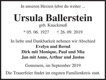 Traueranzeige von Ursula Ballerstein (geb. Knackmuß)  von Magdeburger Volksstimme