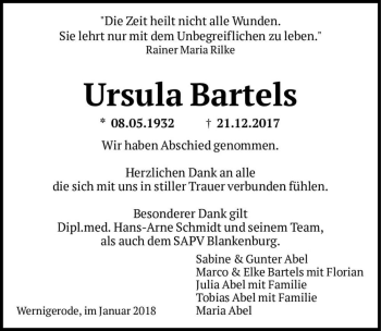 Traueranzeige von Ursula Bartels  von Magdeburger Volksstimme
