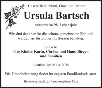 Traueranzeige von Ursula Bartsch  von Magdeburger Volksstimme