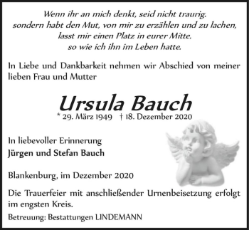 Traueranzeige von Ursula Bauch  von Magdeburger Volksstimme