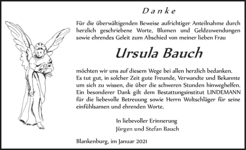  Traueranzeige für Ursula Bauch  vom 30.01.2021 aus Magdeburger Volksstimme