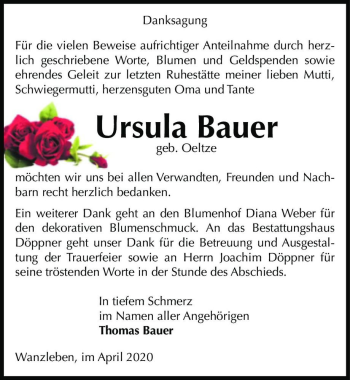Traueranzeige von Ursula Bauer (geb. Oeltze)  von Magdeburger Volksstimme