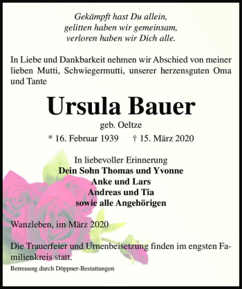 Traueranzeige von Ursula Bauer (geb. Oeltze)  von Magdeburger Volksstimme