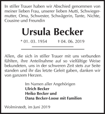 Traueranzeige von Ursula Becker  von Magdeburger Volksstimme
