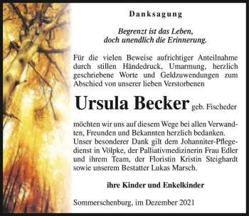 Traueranzeige von Ursula Becker (geb. Fischeder)  von Magdeburger Volksstimme