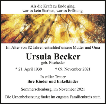 Traueranzeige von Ursula Becker (geb. Fischeder)  von Magdeburger Volksstimme