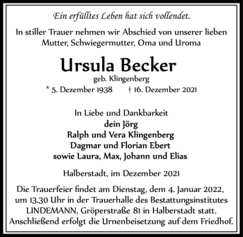 Traueranzeige von Ursula Becker (geb. Klingenberg)  von Magdeburger Volksstimme