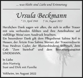 Traueranzeige von Ursula Beckmann  von Magdeburger Volksstimme